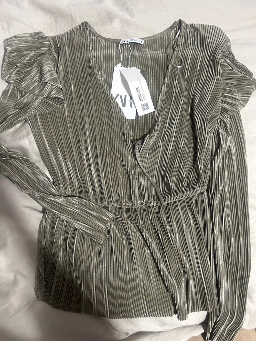 Zara Olive Metallic Pleated Long-Sleeve Dress